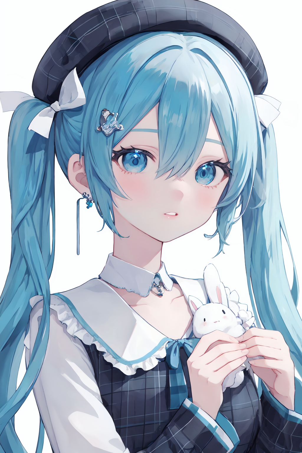 08689-48232780-1girl,twintails,solo,jewelry,earrings,hat,hair ornament,looking at viewer,hatsune miku,blue hair,blue eyes,white background,long.png